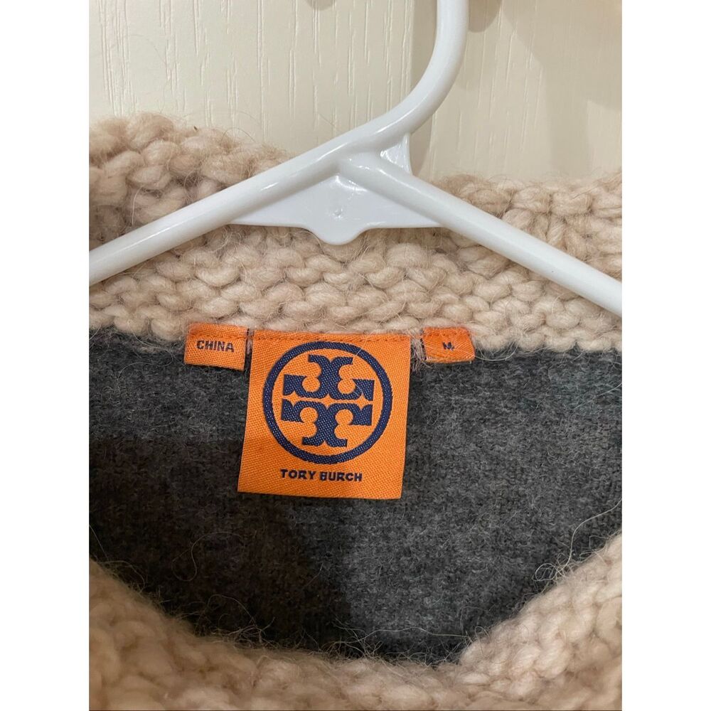 Tory Burch Grey & Off White Cable Knit Neck & Cuffs Turtleneck Sweater - Picture 3 of 7